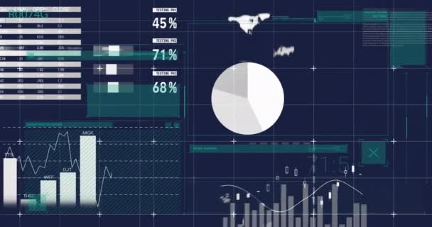 Animace Zpracování Dat Diagramů Nad Mapou Světa Glóby Globální Technologie — Stock video