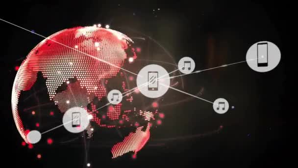Animacja Sieci Połączeń Ikonami Globie Czarnym Tle Globalne Połączenia Koncepcja — Wideo stockowe