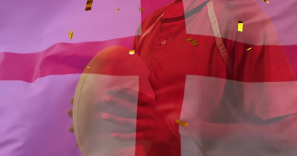 Animatie Van Confetti Vlag Van Engeland Boven Biracial Vrouwelijke Rugbyspeler — Stockvideo