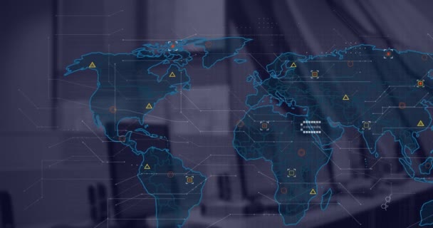 オフィスのデスク上の金融データ処理と世界地図のアニメーション グローバルファイナンス ビジネス コネクション コンピューティング データ処理コンセプトデジタル生成ビデオ — ストック動画