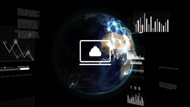 Animazione Elaborazione Dati Digitali Globo Sfondo Nero Connessioni Globali Calcolo — Video Stock