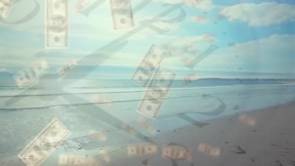 活动的时钟和美元钞票在海滨景观上的动画 全球商业 时间和数字接口概念数字生成的视频 — 图库视频影像