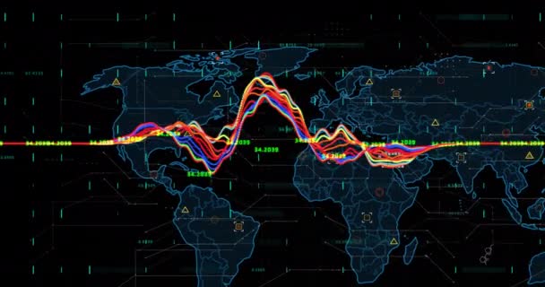 Animação Processamento Dados Digitais Sobre Mapa Mundo Fundo Escuro Conexões — Vídeo de Stock