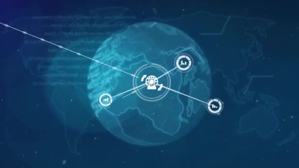 Animação Rede Conexões Com Ícones Todo Mundo Com Processamento Dados — Vídeo de Stock