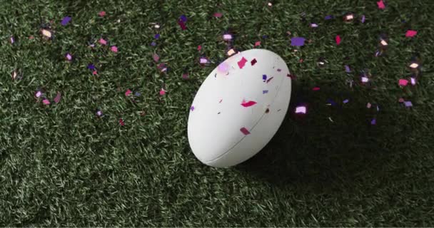 Animation Confetti White Rugby Ball Grass Rugby Sports Competition Celebration — Stock Video