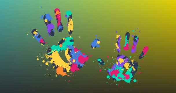 Animation Colourful Paint Hand Prints Soft Green Yellow Background Childhood — Stock Video