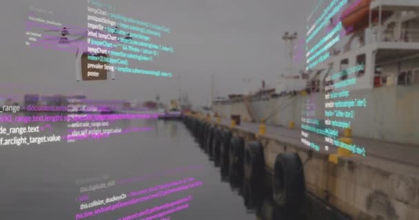Animación Procesamiento Datos Dron Con Caja Sobre Puerto Entrega Global — Vídeo de stock