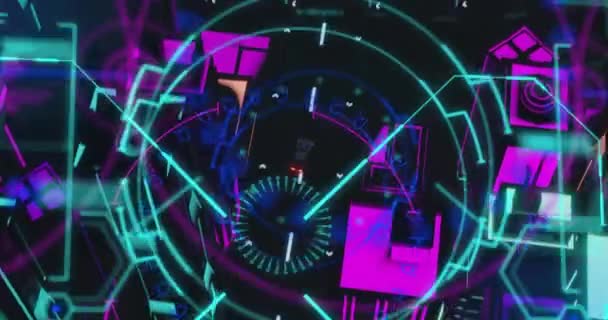 Animation Der Kreisförmigen Scannerbearbeitung Über Der Neonfarbenen Stadtlandschaft Auf Schwarzem — Stockvideo