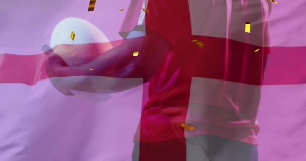 Animáció Konfetti Zászló Anglia Felett Afro Amerikai Férfi Rögbi Játékos — Stock videók