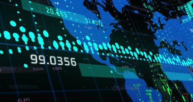 Grafik, dünya haritası ve işleme verileri üzerinde mavi renkli enflasyon metni resmi. Küresel iş ekonomisi, durgunluk, enflasyon ve dijital iletişim konsepti dijital olarak oluşturuldu.