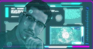 Kameraya bakan adamın veri işleme görüntüsü. dijital arayüz, iletişim ve teknoloji konsepti dijital olarak oluşturulmuş görüntü.