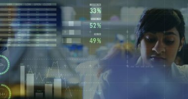 Değişken diyagramlar, daireler, dünya haritası ve melez kadın doktorların incelemesi. Covid-19 Coronavirus salgını sırasında tıbbi personel.