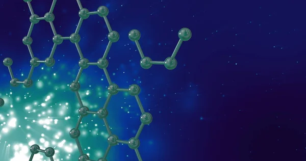 Imagem Micro Moléculas Sobre Luzes Brilhantes Sobre Fundo Azul Conceito — Fotografia de Stock