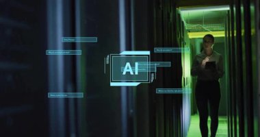 Ai metninin animasyonu, bilgisayar sunucuları tarafından beyaz kadın mühendis üzerinde veri işleme. Dijital olarak oluşturulmuş küresel yapay zeka, bağlantılar, hesaplama ve veri işleme kavramı.