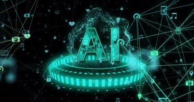 Ai metninin animasyonu, karanlık arkaplan üzerinde ikili kodlama ve veri işleme olan dünya. Dijital olarak oluşturulmuş küresel yapay zeka, bağlantılar, hesaplama ve veri işleme kavramı.