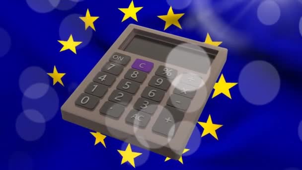 Анимация Калькулятора Над Флагом Европейского Союза Мировые Финансы Бизнес Связи — стоковое видео