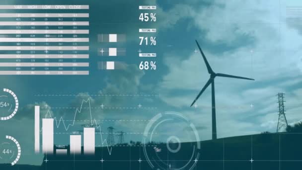 Animatie Van Financiële Gegevensverwerking Windturbines Wereldwijde Omgeving Bedrijfsleven Verbindingen Computer — Stockvideo