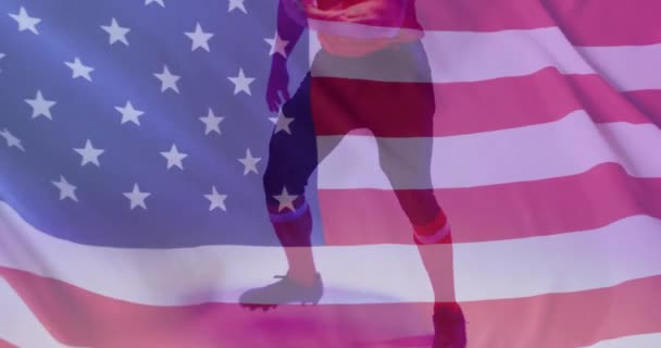 Κινούμενο Σχέδιο Του Καυκάσιου Αμερικανού Ποδοσφαιριστή Και Σημαία Των Ηπα — Αρχείο Βίντεο