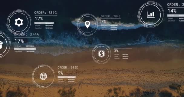 Анімація Мережі Іконок Обробки Даних Над Ландшафтом Глобальні Єднання Обчислення — стокове відео
