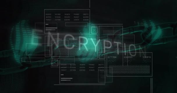 Animering Kryptering Text Och Kedja Över Databehandling Mörka Gränssnittsskärmar Anslutning — Stockvideo
