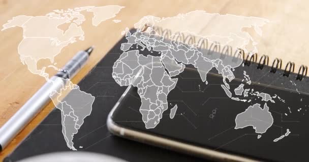 Анимация Карты Мира Ноутбуке Чашке Кофе Столе Мировые Финансы Бизнес — стоковое видео