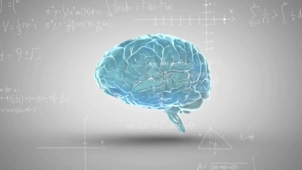 Animation Des Sich Drehenden Gehirns Über Mathematische Gleichungen Globale Wissenschaft — Stockvideo