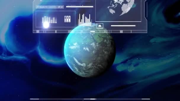 Animação Processamento Dados Digitais Sobre Globo Fundo Azul Conexões Globais — Vídeo de Stock