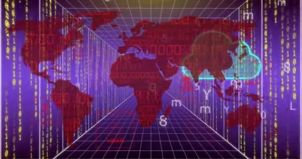 Animace Mapy Světa Binární Kódování Zpracování Dat Přes Počítačové Servery — Stock video