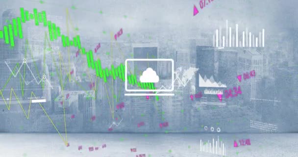 在多云的城市景观上动画处理数据的图形和图表 数字接口 商业和通信 数字视频 — 图库视频影像