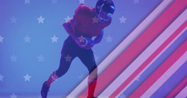 Κινούμενα Σχέδια Του Καυκάσιου Αμερικανού Ποδοσφαιριστή Γονατιστή Και Σημαία Των — Αρχείο Βίντεο