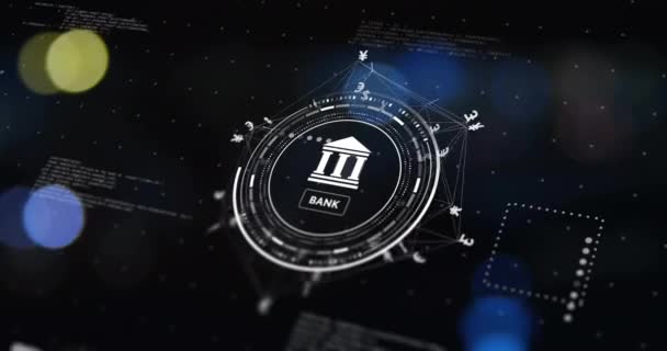 Animación Globo Con Iconos Bancarios Monetarios Procesamiento Datos Sobre Fondo — Vídeos de Stock