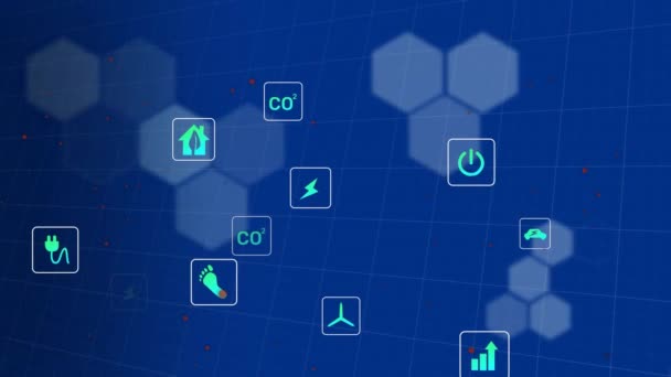 파란색 배경에서 아이콘과 데이터 처리의 애니메이션 글로벌 비즈니스 컴퓨팅 데이터 — 비디오