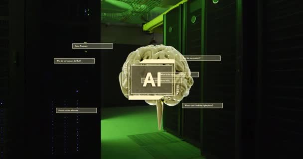 Animação Texto Cérebro Processamento Dados Sobre Servidores Computador Inteligência Artificial — Vídeo de Stock