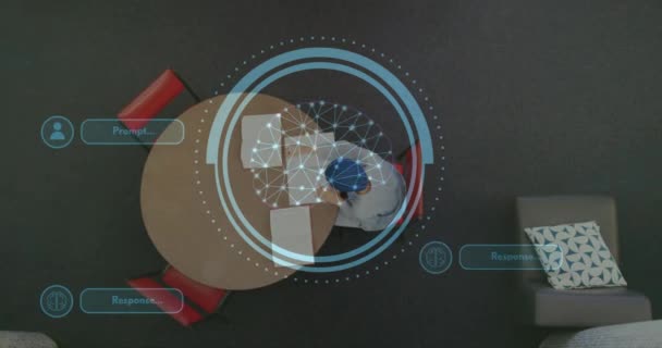 テーブルで学習する男性生徒のテキストとデータのアニメーション グローバル人工知能 コンピューティング データ処理コンセプトデジタル生成ビデオ — ストック動画