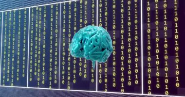 Ai beyninin animasyonu ve karanlık arka planda veri işleme. Dijital olarak oluşturulmuş küresel yapay zeka, bağlantılar, hesaplama ve veri işleme kavramı.