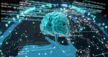 Ai beyninin animasyonu ve dünya arka planında veri işleme. Dijital olarak oluşturulmuş küresel yapay zeka, bağlantılar, hesaplama ve veri işleme kavramı.