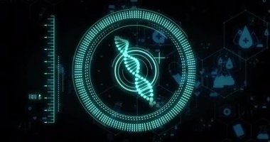 Siyah arkaplan üzerinde DNA ipliği ve dijital veri işleme animasyonu. Küresel bilim, bağlantılar, hesaplama ve veri işleme kavramı dijital olarak oluşturulmuş video.