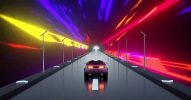 Renkli ışık yollarının geçtiği tünelden geçen arabanın animasyonu. Seyahat, seyahat, enerji, ışık, bağlantı, zaman, teknoloji ve iletişim, dijital olarak oluşturulmuş video.