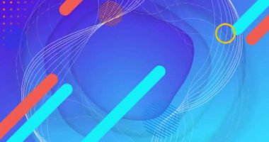 Mavi ve kırmızı çizgilerin ve sarı halkaların mavi arka plandaki beyaz ağ yapısının animasyonu. Özet, ağ, işlem, veri, bağlantı ve iletişim, dijital olarak oluşturulmuş video.
