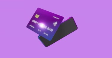 Mor arka planda akıllı telefon ve kredi kartı animasyonu. Dijital olarak oluşturulan küresel çevrimiçi bankacılık, finans, iş, bağlantılar ve veri işleme kavramı.