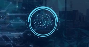 Geçiş kartının arka planında ai beyin ve veri işleme animasyonu. Dijital olarak oluşturulmuş küresel yapay zeka, bağlantılar, hesaplama ve veri işleme kavramı.