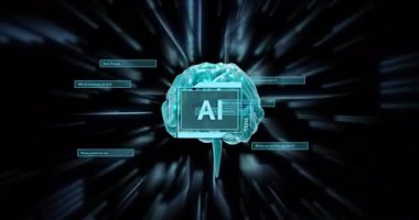 Ai metninin animasyonu, insan beyni ve dijital veri işlemesi. Dijital olarak oluşturulmuş küresel yapay zeka, bağlantılar, hesaplama ve veri işleme kavramı.