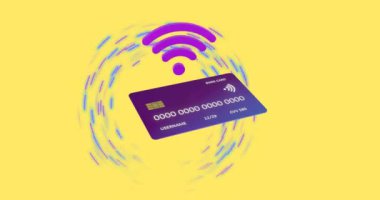 Sarı arkaplanda kablosuz internet simgesi ve kredi kartı animasyonu. Dijital olarak oluşturulan küresel çevrimiçi bankacılık, finans, iş, bağlantılar ve veri işleme kavramı.