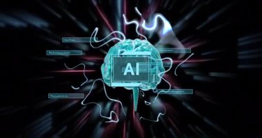 Ai metninin animasyonu, insan beyni ve dijital veri işlemesi. Dijital olarak oluşturulmuş küresel yapay zeka, bağlantılar, hesaplama ve veri işleme kavramı.