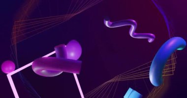 Pembe çerçeve üzerinde dönen 3d mavi ve mor şekillerin animasyonu ve koyu arkaplanda ağ çizgileri. Özet, ağ, işlem, veri, bağlantı ve iletişim, dijital olarak oluşturulmuş video.