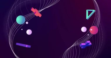 Koyu arkaplanda beyaz ağ çizgileri üzerinde 3d kırmızı, yeşil, beyaz ve mor şekillerin animasyonu. Özet, ağ, işlem, veri, bağlantı ve iletişim, dijital olarak oluşturulmuş video.