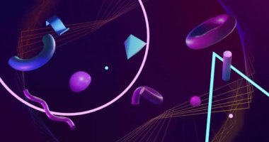 Koyu arkaplanda dönen 3d mavi ve mor şekillerin animasyonu. Özet, ağ, işlem, veri, bağlantı ve iletişim, dijital olarak oluşturulmuş video.