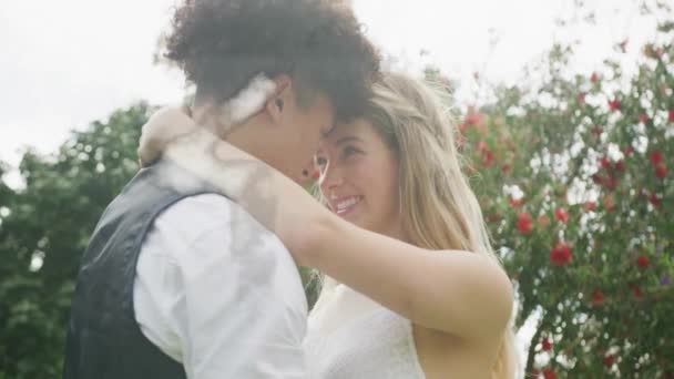 Animation Cloud House Happy Diverse Couple Embracing Garden Wedding Day — Stock Video