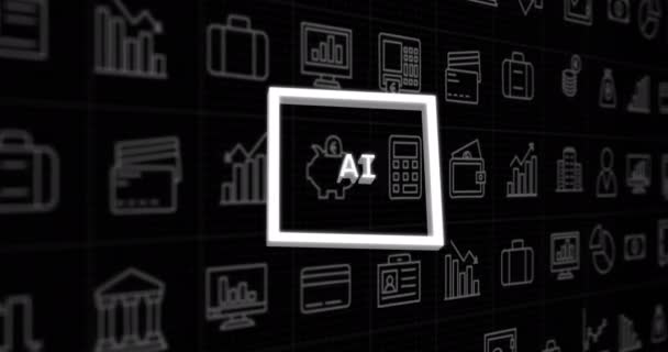 Animatie Van Tekst Iconen Digitale Gegevensverwerking Zwarte Achtergrond Mondiale Kunstmatige — Stockvideo