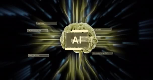 Animation Text Ανθρώπινος Εγκέφαλος Και Ψηφιακή Επεξεργασία Δεδομένων Μαύρο Φόντο — Αρχείο Βίντεο
